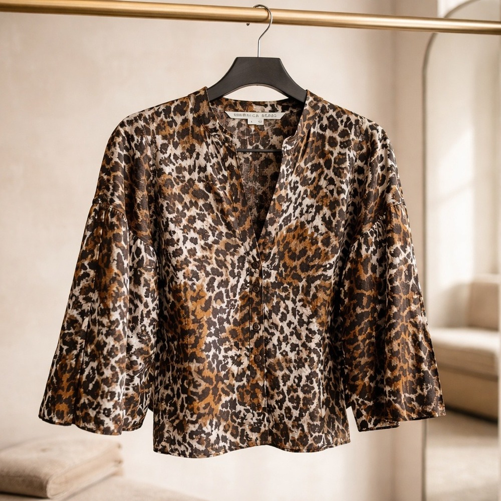 Veronica Beard 8 Leopard Print Linen Puff Sleeve V-Neck Blouse Brown Tan NWOT